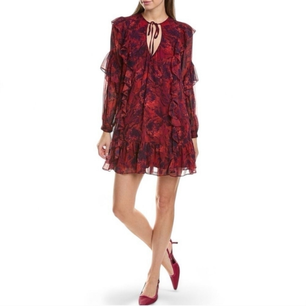 NEW Cinq a Sept Livie Floral Tiered Ruffle Chiffon Dress Dark Red Size 4